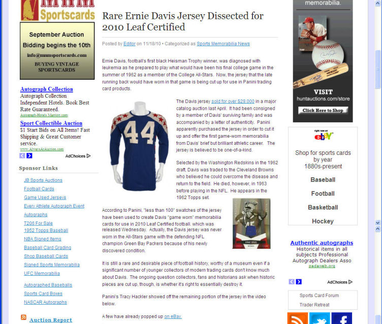 Article on the Ernie Davis College All Star Game Jersey
